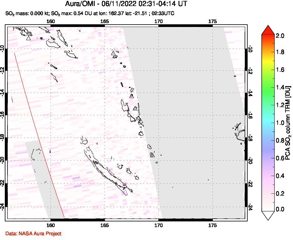 A sulfur dioxide image over Vanuatu, South Pacific on Jun 11, 2022.
