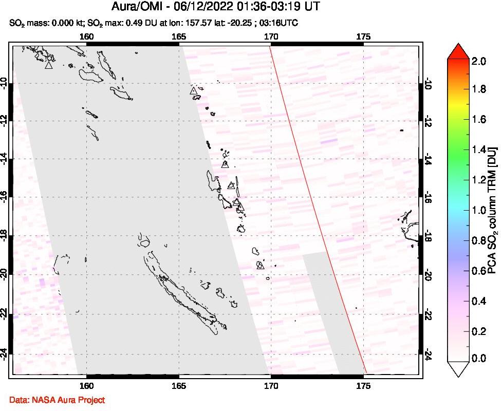 A sulfur dioxide image over Vanuatu, South Pacific on Jun 12, 2022.