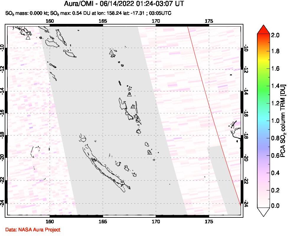 A sulfur dioxide image over Vanuatu, South Pacific on Jun 14, 2022.