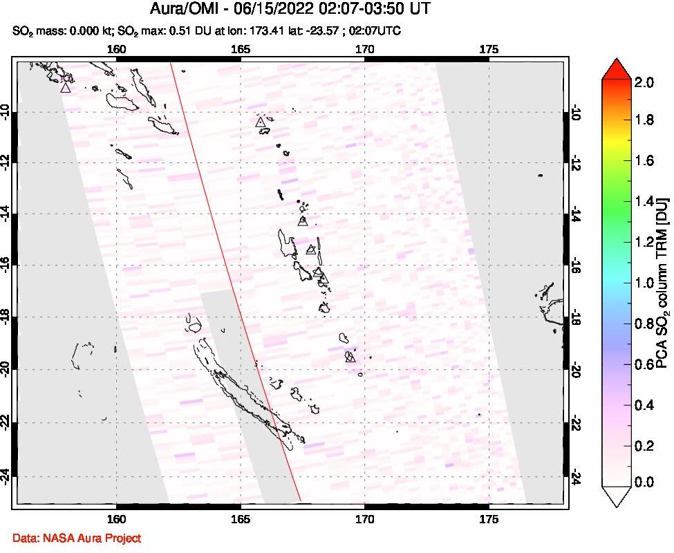 A sulfur dioxide image over Vanuatu, South Pacific on Jun 15, 2022.