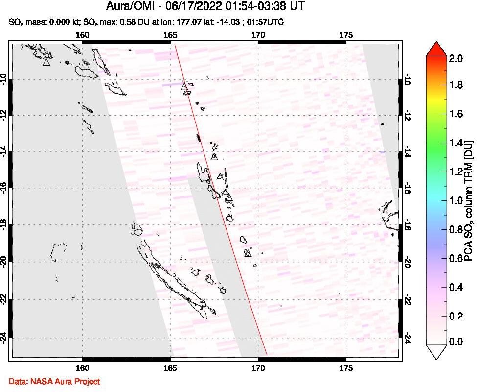 A sulfur dioxide image over Vanuatu, South Pacific on Jun 17, 2022.