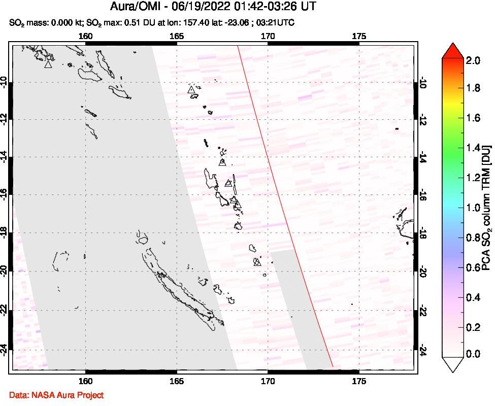A sulfur dioxide image over Vanuatu, South Pacific on Jun 19, 2022.