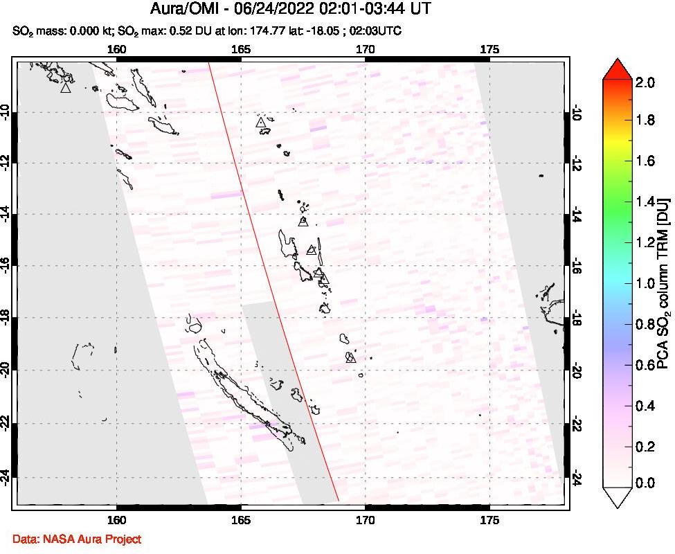 A sulfur dioxide image over Vanuatu, South Pacific on Jun 24, 2022.