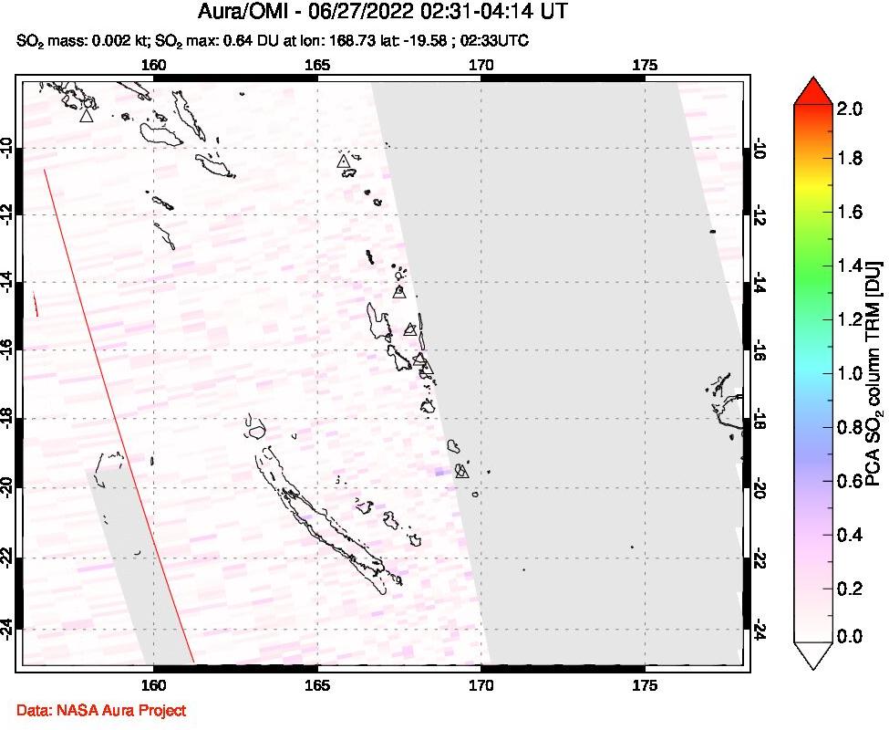 A sulfur dioxide image over Vanuatu, South Pacific on Jun 27, 2022.