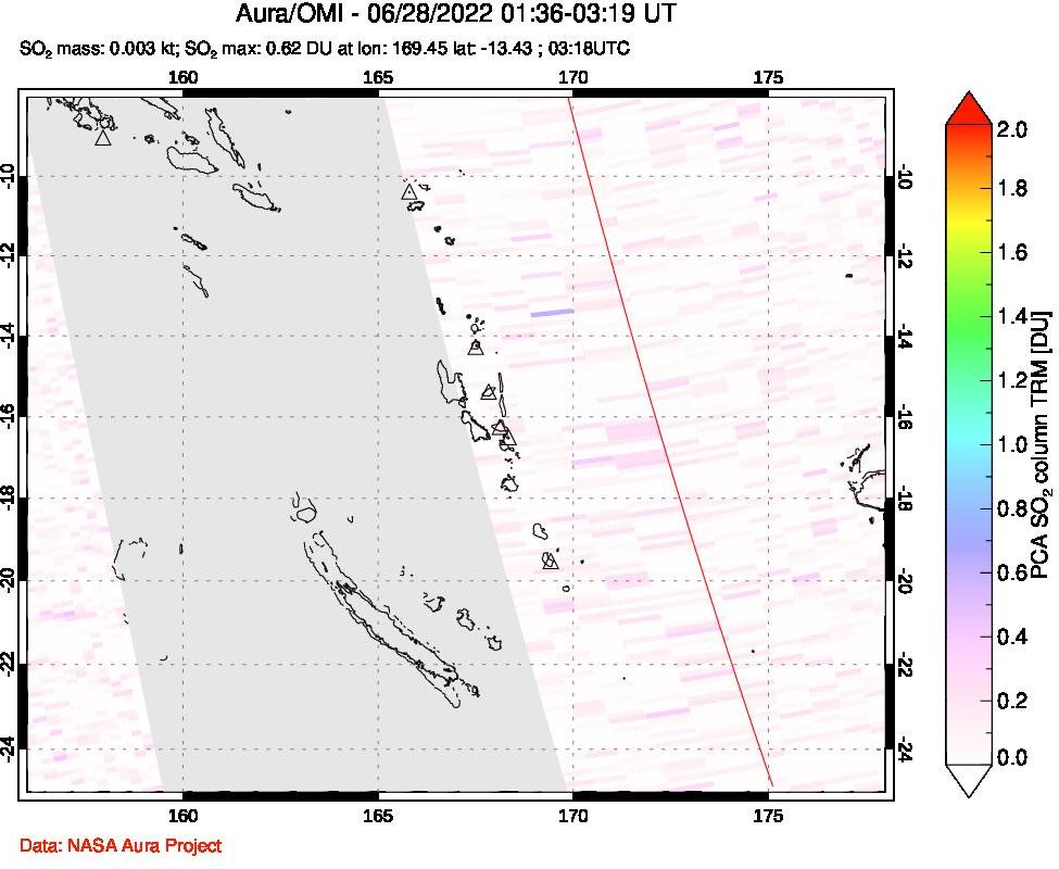 A sulfur dioxide image over Vanuatu, South Pacific on Jun 28, 2022.