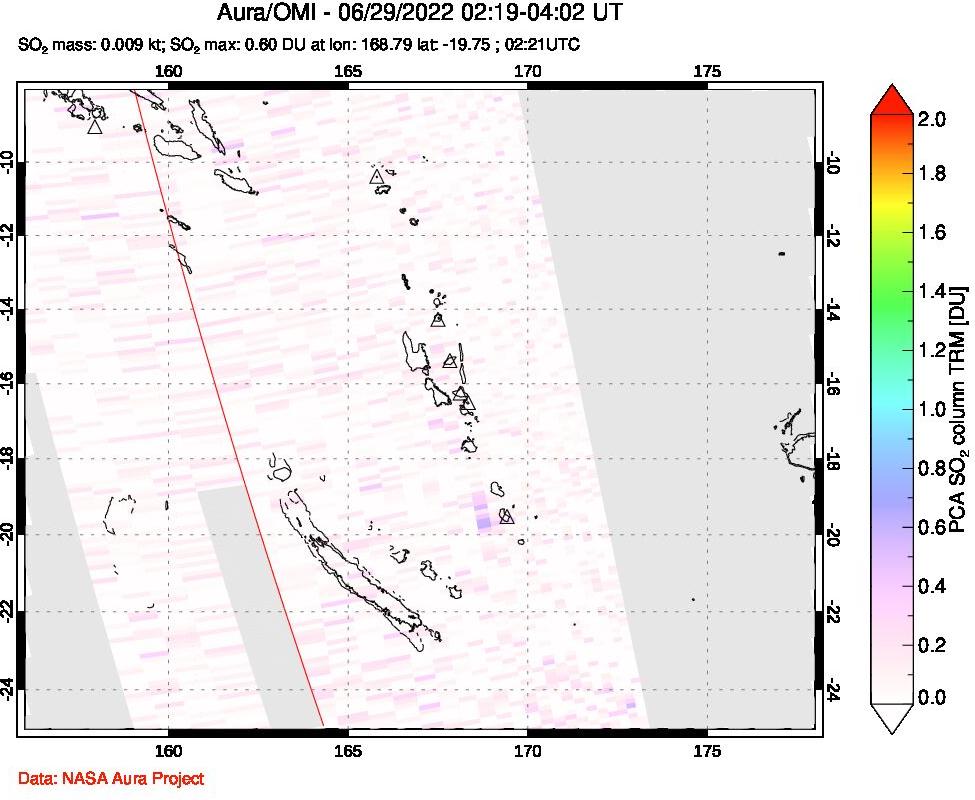 A sulfur dioxide image over Vanuatu, South Pacific on Jun 29, 2022.