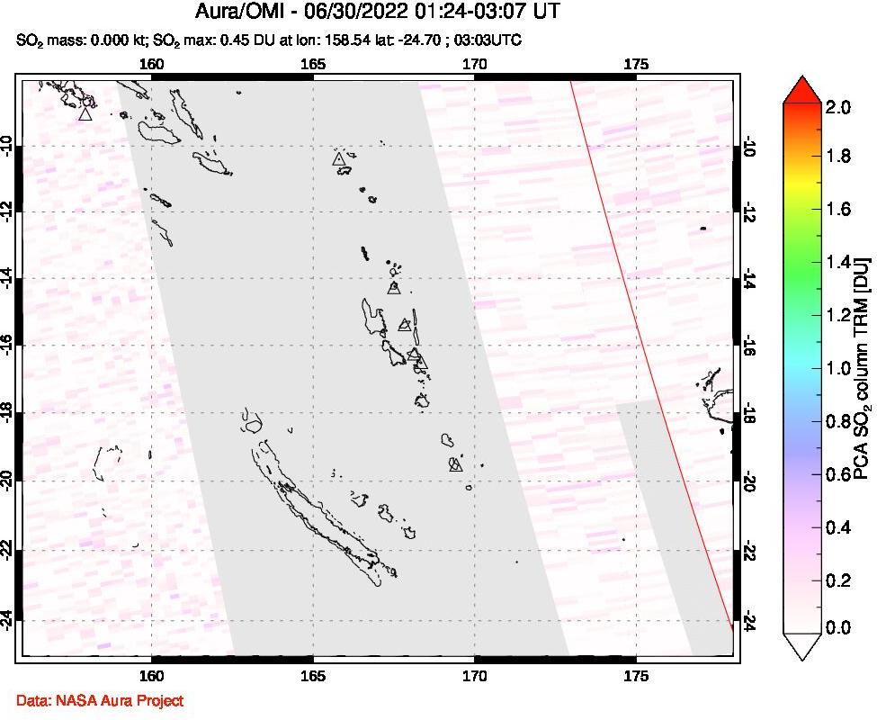 A sulfur dioxide image over Vanuatu, South Pacific on Jun 30, 2022.