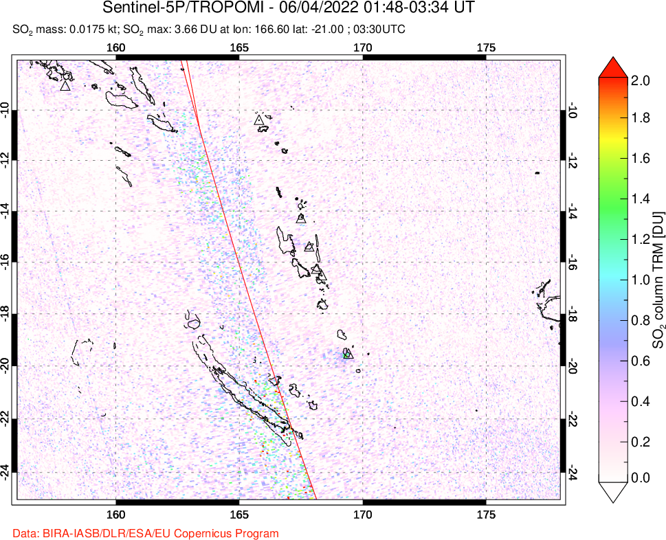 A sulfur dioxide image over Vanuatu, South Pacific on Jun 04, 2022.