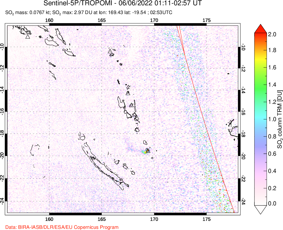 A sulfur dioxide image over Vanuatu, South Pacific on Jun 06, 2022.