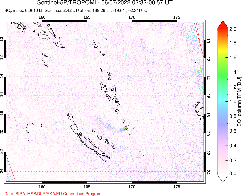 A sulfur dioxide image over Vanuatu, South Pacific on Jun 07, 2022.