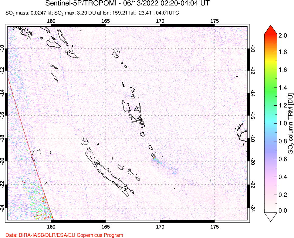 A sulfur dioxide image over Vanuatu, South Pacific on Jun 13, 2022.