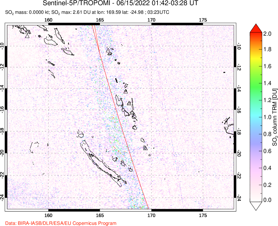 A sulfur dioxide image over Vanuatu, South Pacific on Jun 15, 2022.