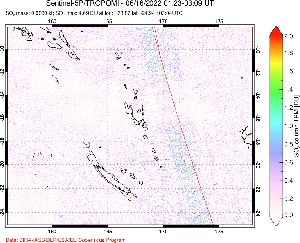 A sulfur dioxide image over Vanuatu, South Pacific on Jun 16, 2022.