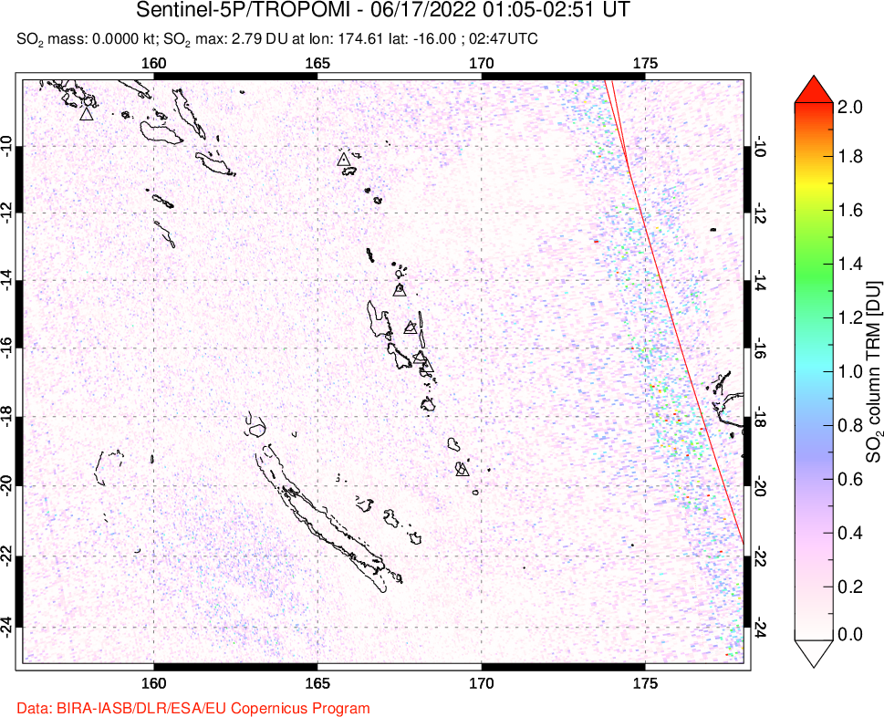 A sulfur dioxide image over Vanuatu, South Pacific on Jun 17, 2022.