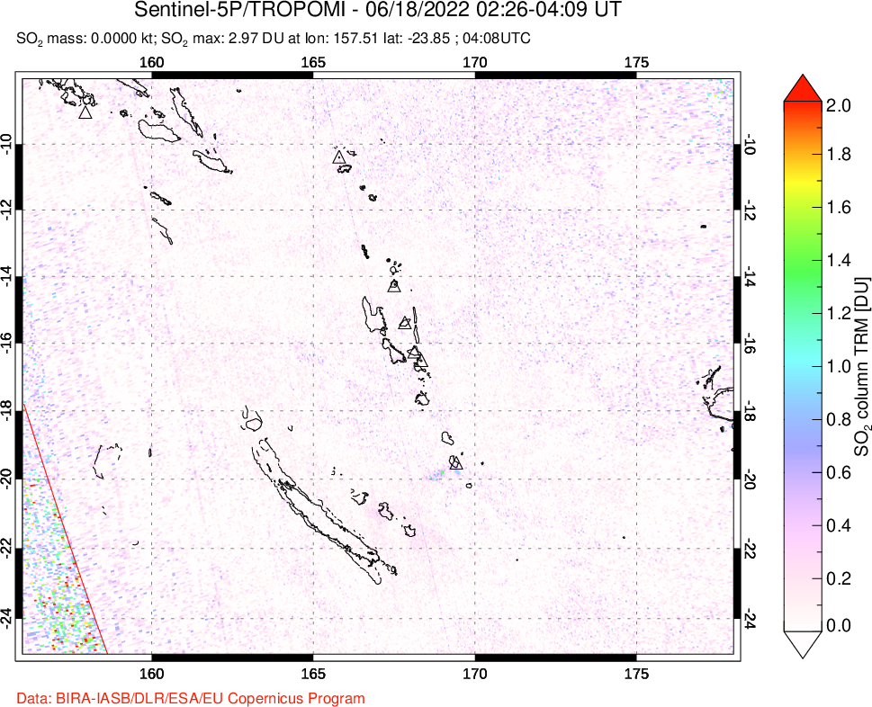 A sulfur dioxide image over Vanuatu, South Pacific on Jun 18, 2022.