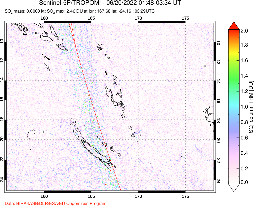 A sulfur dioxide image over Vanuatu, South Pacific on Jun 20, 2022.