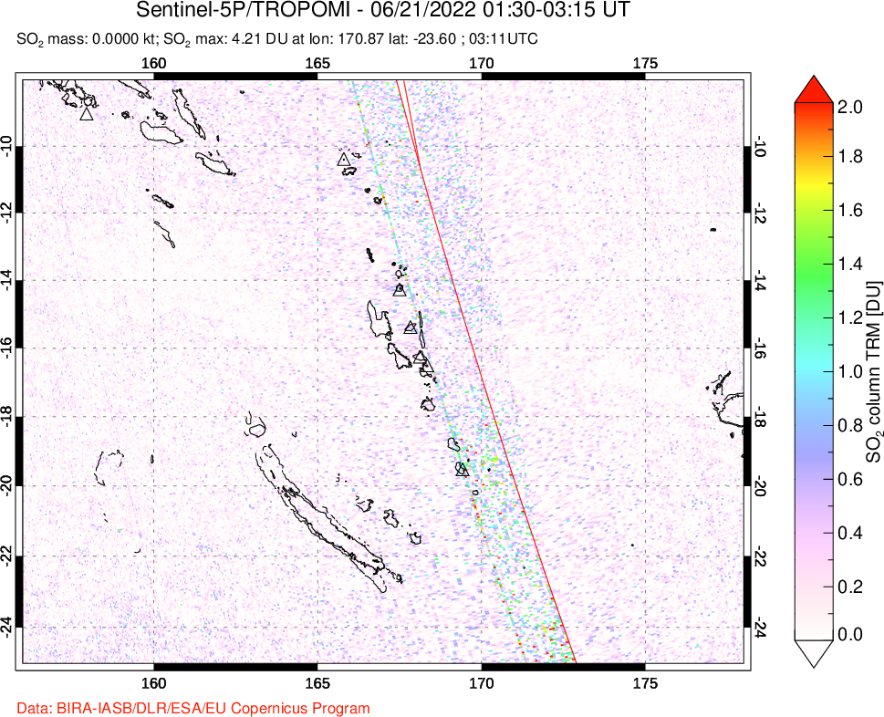 A sulfur dioxide image over Vanuatu, South Pacific on Jun 21, 2022.