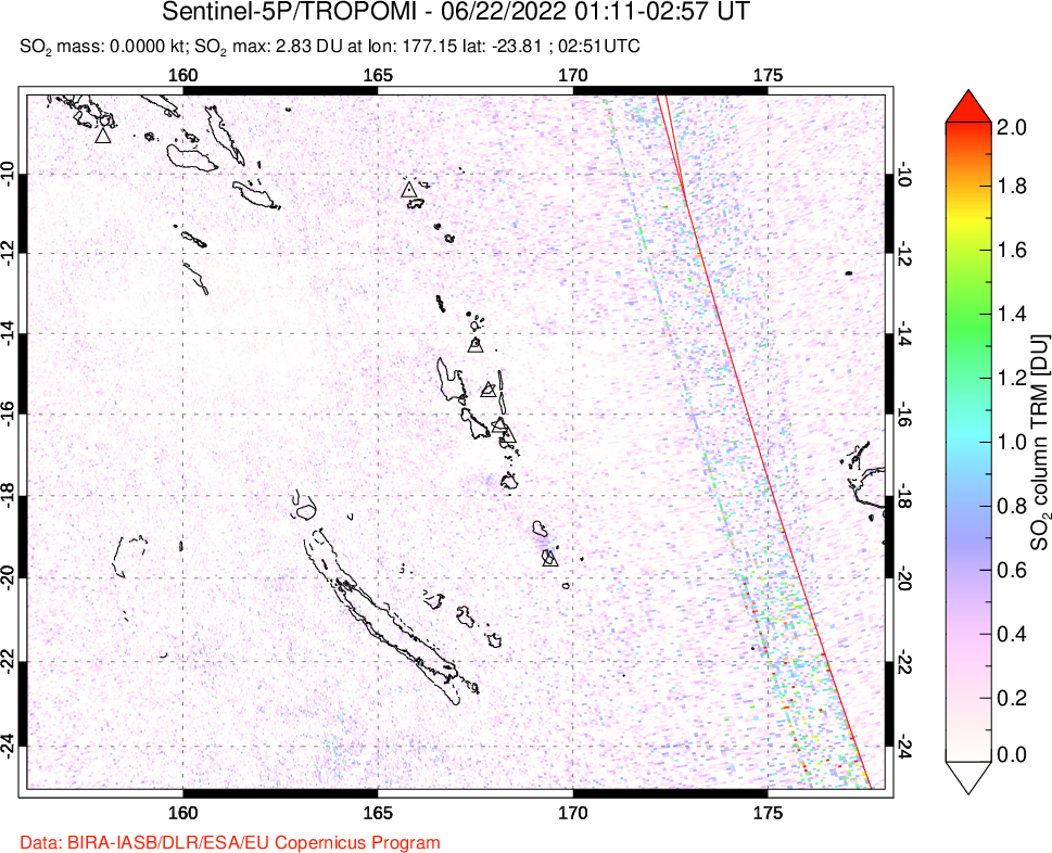 A sulfur dioxide image over Vanuatu, South Pacific on Jun 22, 2022.