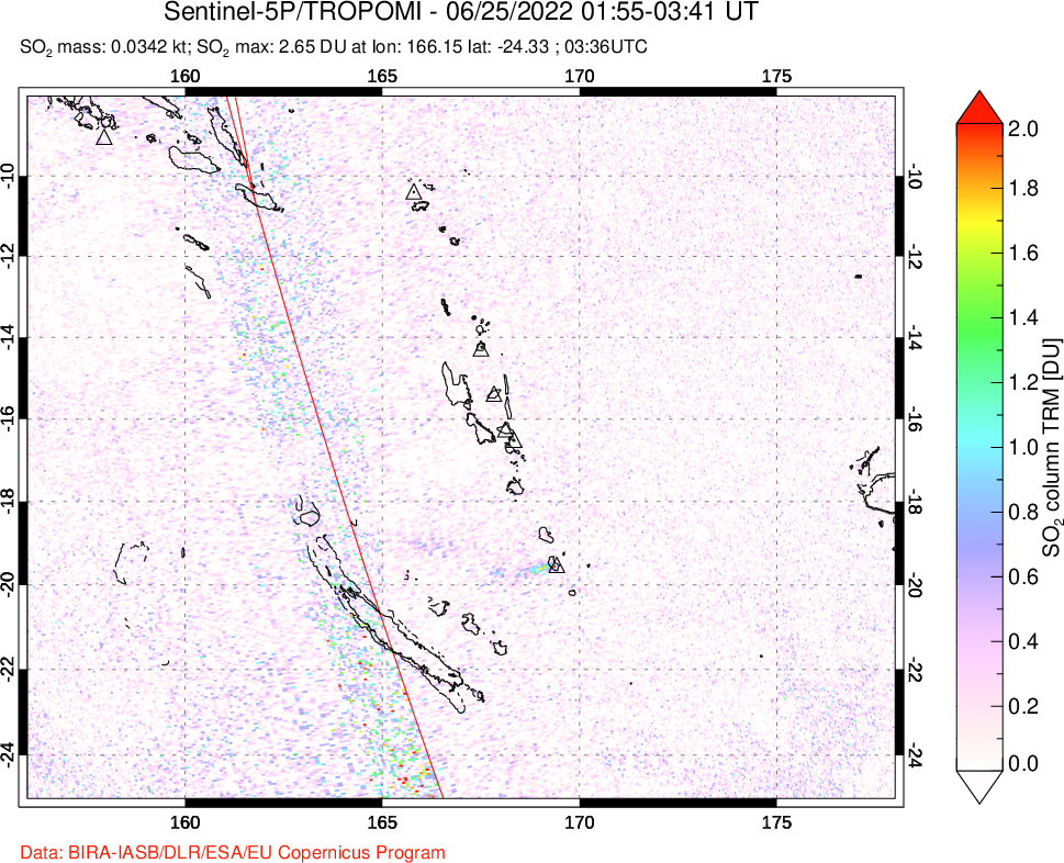 A sulfur dioxide image over Vanuatu, South Pacific on Jun 25, 2022.