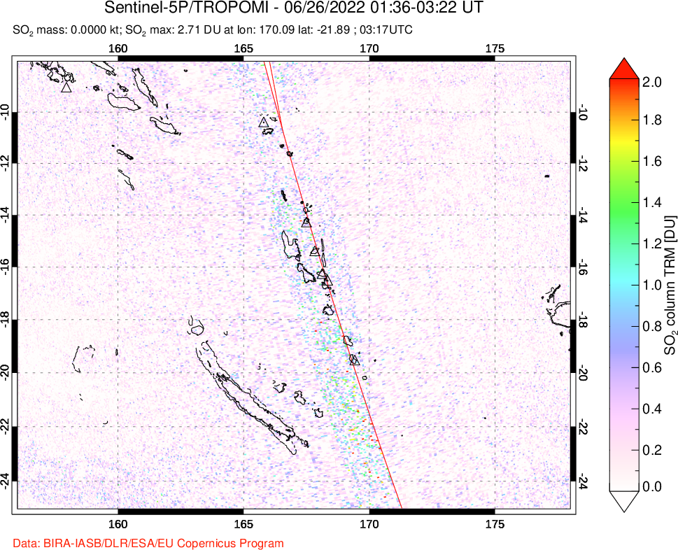 A sulfur dioxide image over Vanuatu, South Pacific on Jun 26, 2022.
