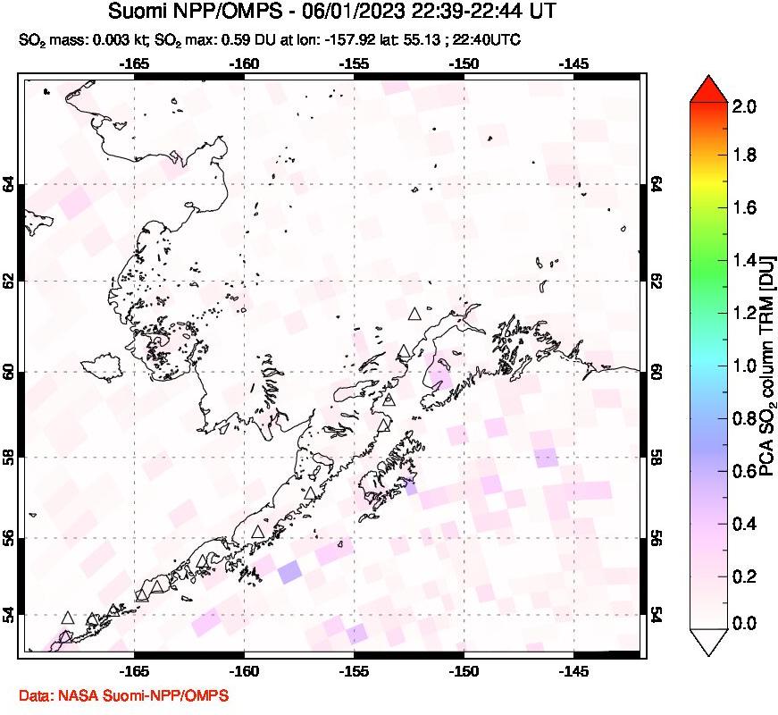 A sulfur dioxide image over Alaska, USA on Jun 01, 2023.