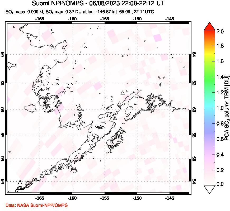 A sulfur dioxide image over Alaska, USA on Jun 08, 2023.