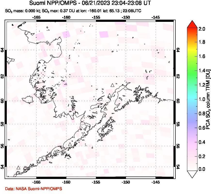 A sulfur dioxide image over Alaska, USA on Jun 21, 2023.