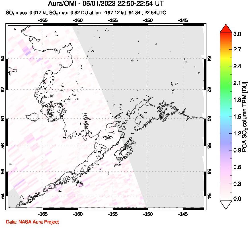 A sulfur dioxide image over Alaska, USA on Jun 01, 2023.