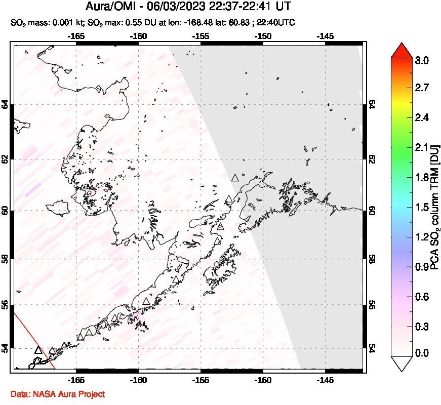 A sulfur dioxide image over Alaska, USA on Jun 03, 2023.