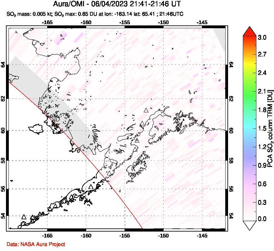 A sulfur dioxide image over Alaska, USA on Jun 04, 2023.