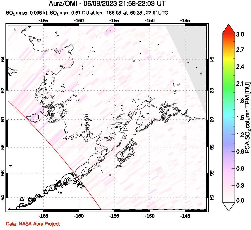 A sulfur dioxide image over Alaska, USA on Jun 09, 2023.