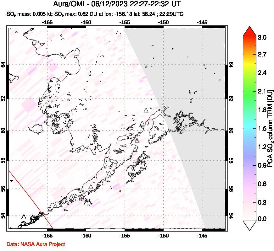 A sulfur dioxide image over Alaska, USA on Jun 12, 2023.