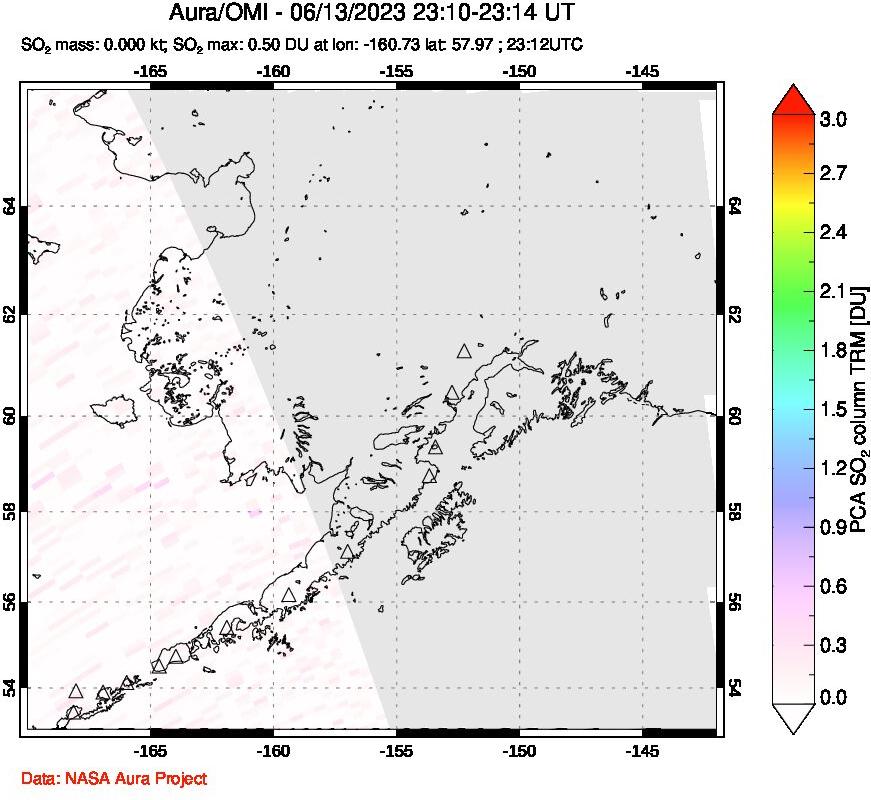 A sulfur dioxide image over Alaska, USA on Jun 13, 2023.