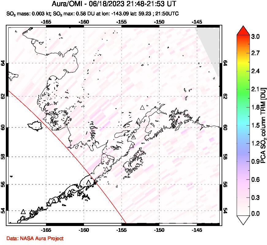 A sulfur dioxide image over Alaska, USA on Jun 18, 2023.