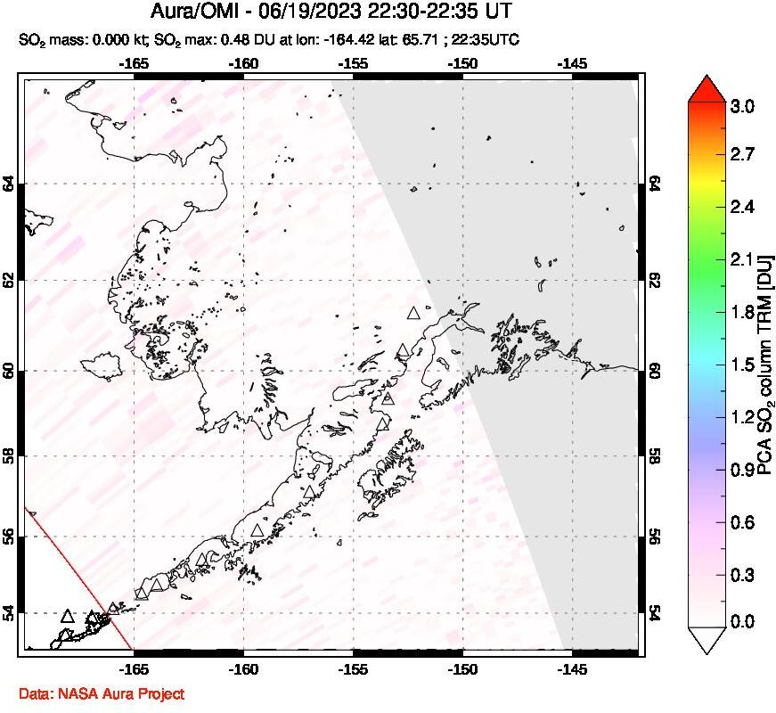 A sulfur dioxide image over Alaska, USA on Jun 19, 2023.