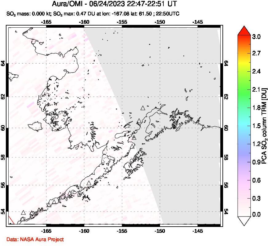 A sulfur dioxide image over Alaska, USA on Jun 24, 2023.