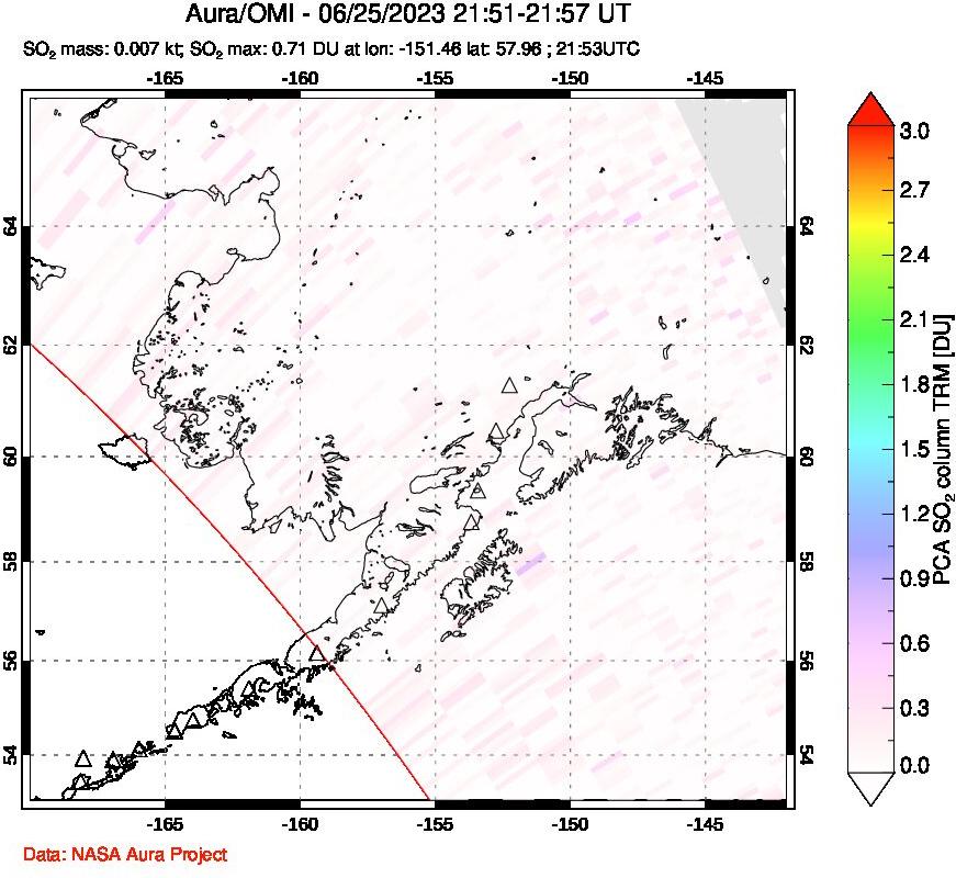 A sulfur dioxide image over Alaska, USA on Jun 25, 2023.