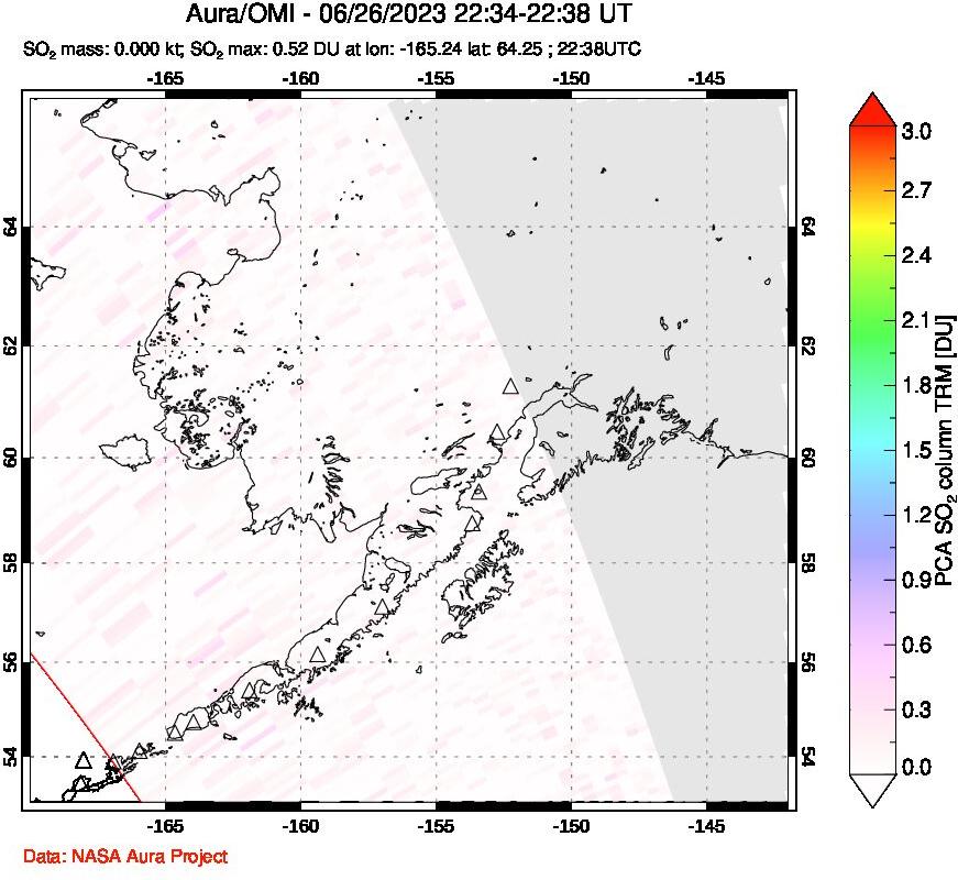 A sulfur dioxide image over Alaska, USA on Jun 26, 2023.