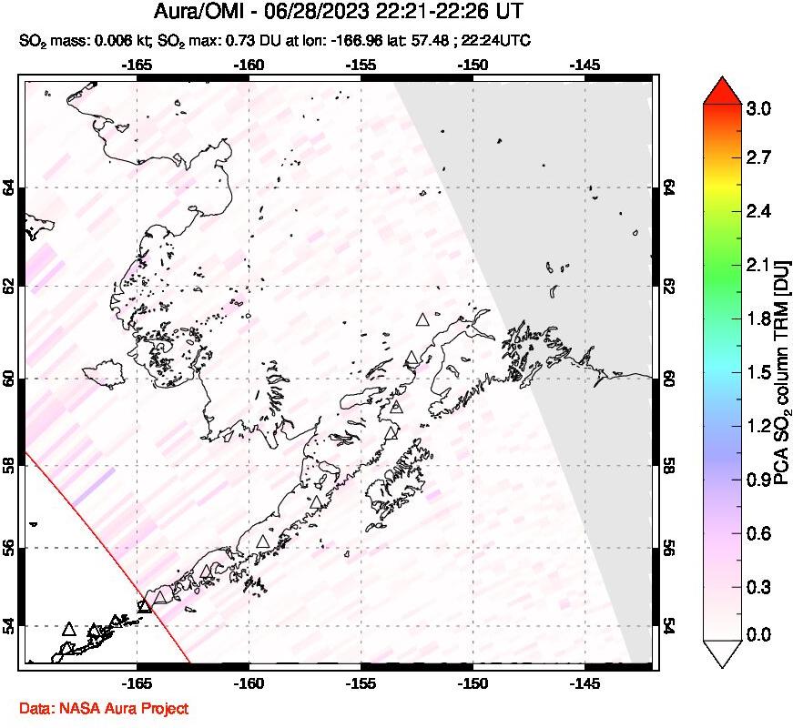 A sulfur dioxide image over Alaska, USA on Jun 28, 2023.