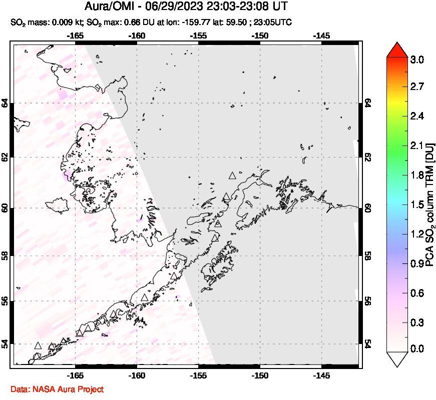 A sulfur dioxide image over Alaska, USA on Jun 29, 2023.