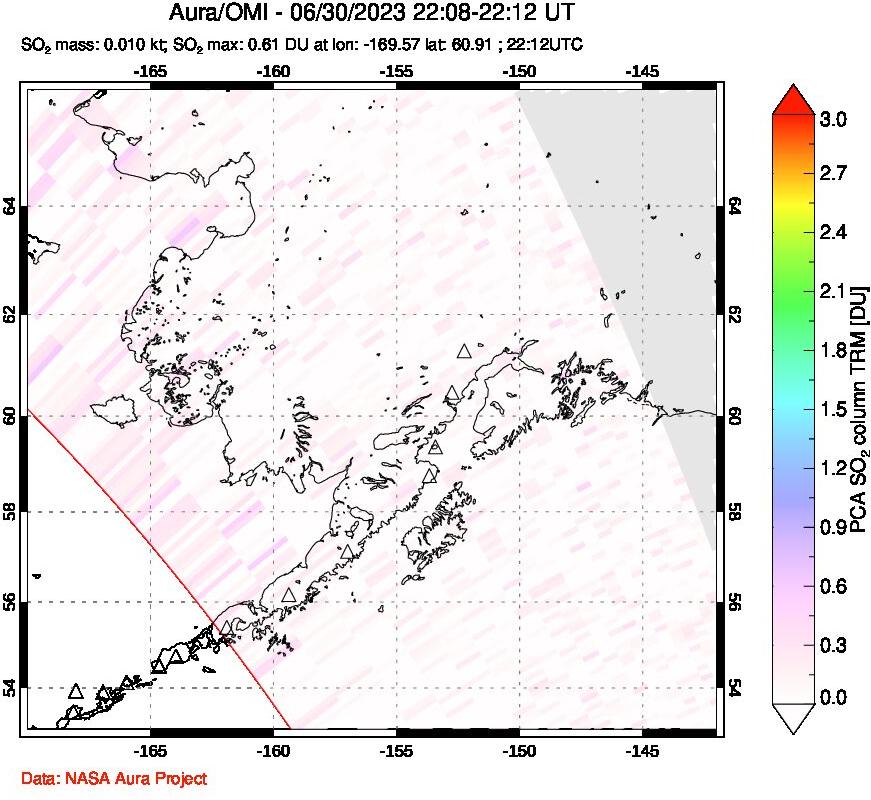 A sulfur dioxide image over Alaska, USA on Jun 30, 2023.