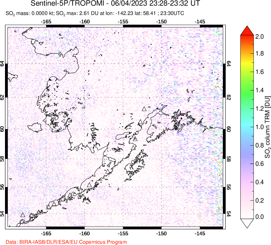 A sulfur dioxide image over Alaska, USA on Jun 04, 2023.