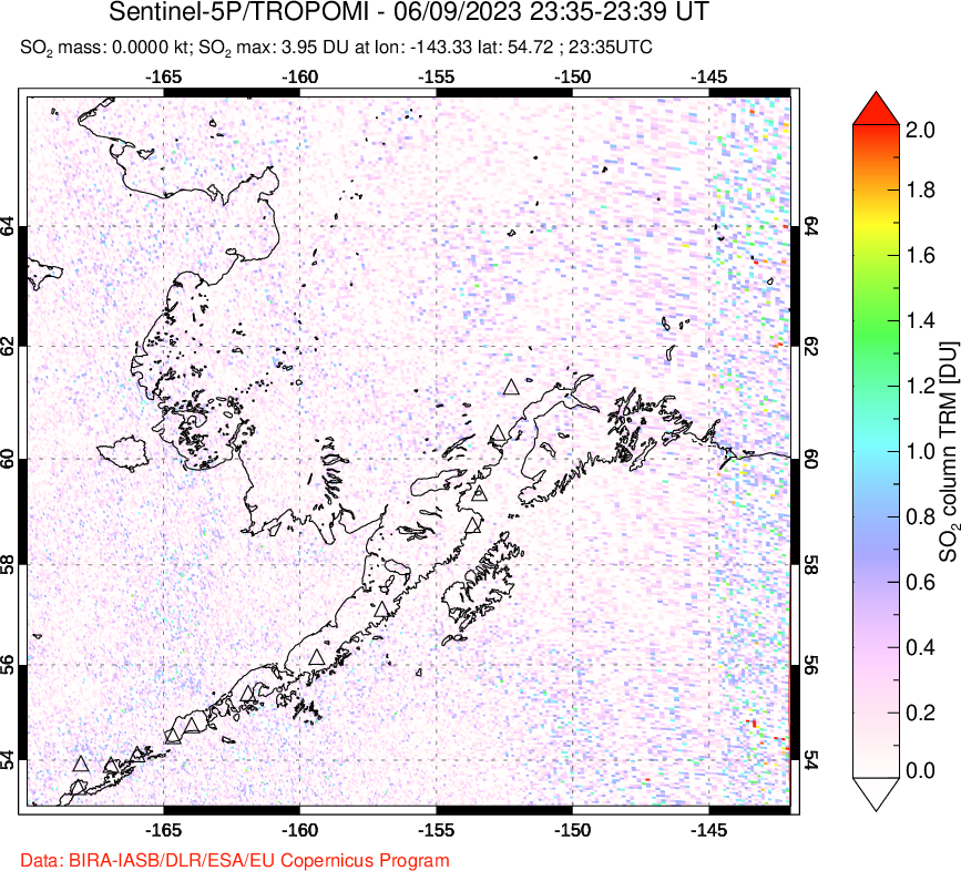 A sulfur dioxide image over Alaska, USA on Jun 09, 2023.
