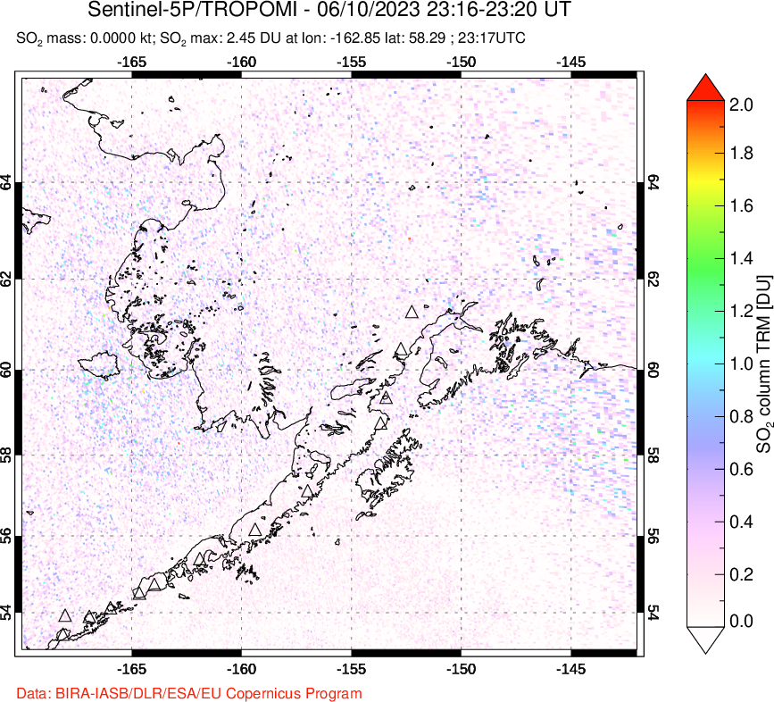 A sulfur dioxide image over Alaska, USA on Jun 10, 2023.