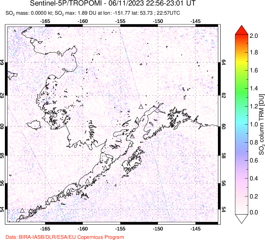 A sulfur dioxide image over Alaska, USA on Jun 11, 2023.