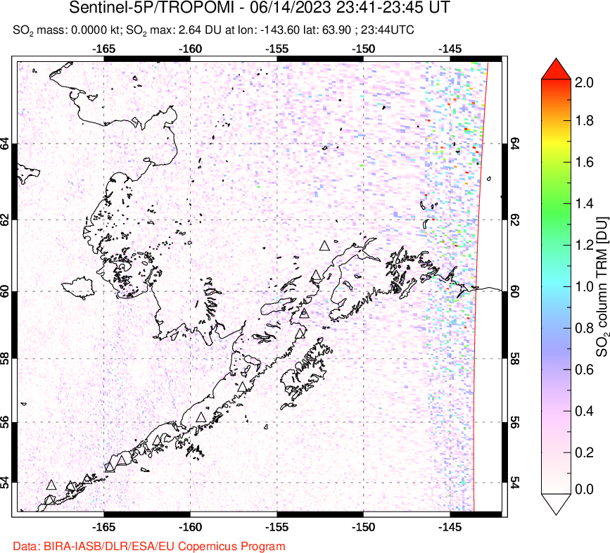 A sulfur dioxide image over Alaska, USA on Jun 14, 2023.