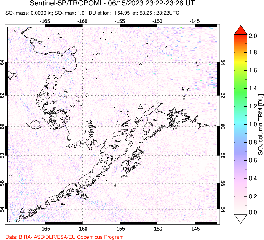 A sulfur dioxide image over Alaska, USA on Jun 15, 2023.