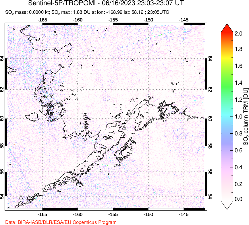 A sulfur dioxide image over Alaska, USA on Jun 16, 2023.