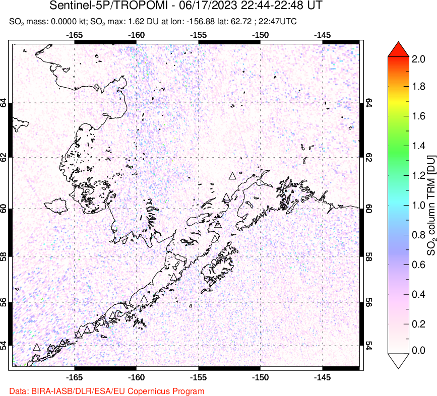 A sulfur dioxide image over Alaska, USA on Jun 17, 2023.