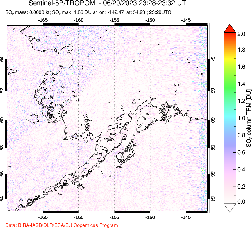 A sulfur dioxide image over Alaska, USA on Jun 20, 2023.